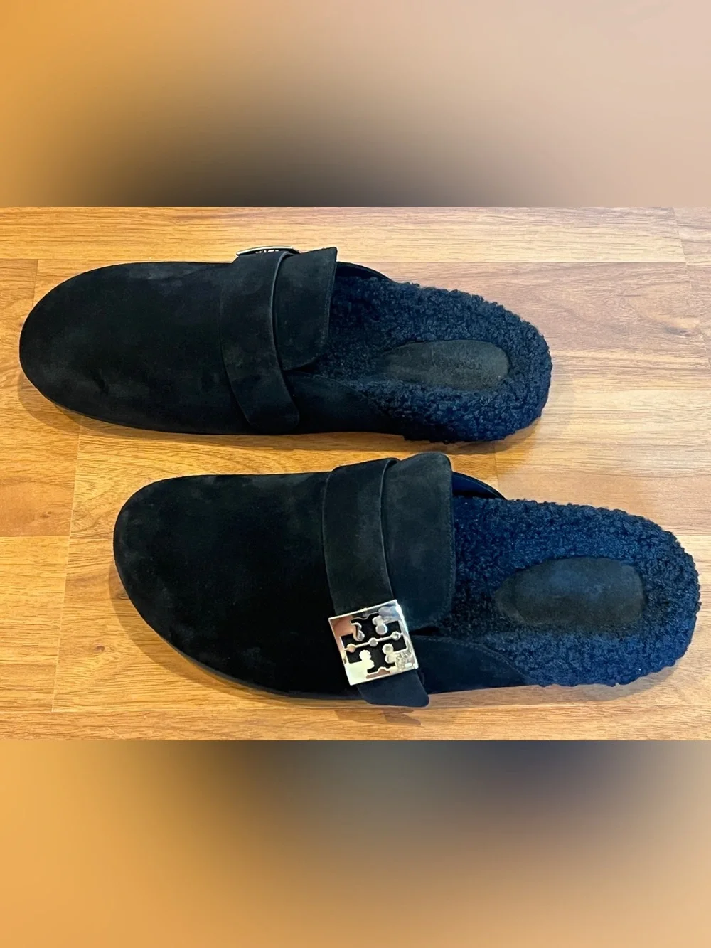 Tory Burch Black Suede Shearling Mellow Mules - size 10 - NWOB